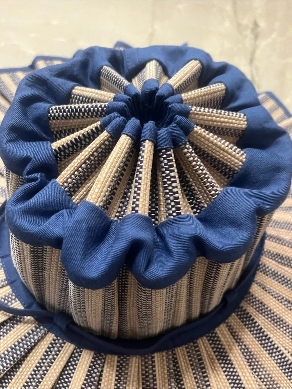 Striped blue and Cream Pleated Wide-Brim Sun Hat Lorna Murray